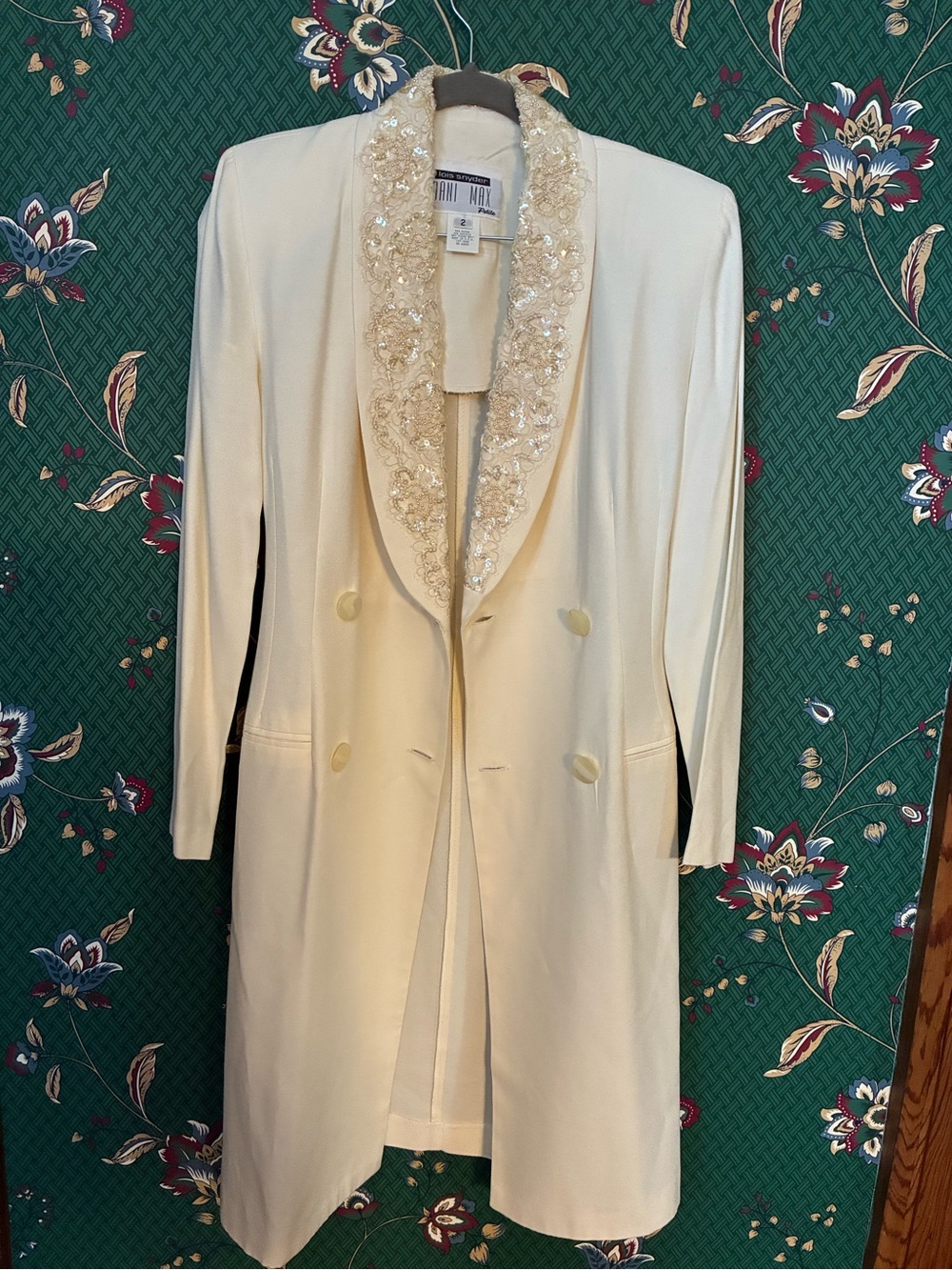 Stunning Cream Embellished Collar Long Coat - Vintage